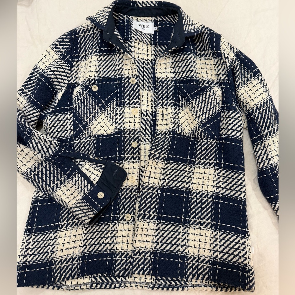 WAX Navy and Cream Plaid Casual Button Down Shirt